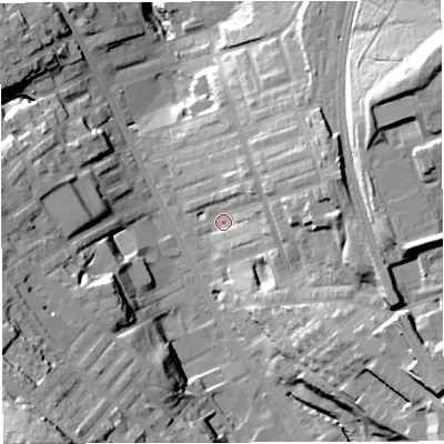 Shaded relief map of the ground around BB31EN, computed from Environment Agency LiDAR. The ground here sits at about 143 m above sea level and falls 55 m across the surrounding 800 m. Surface water reaching this point runs off ground lying to the east-north-east, 23.0 m higher.