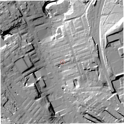 Shaded relief map of the ground around BB31ES, computed from Environment Agency LiDAR. The ground here sits at about 145 m above sea level and falls 49 m across the surrounding 800 m. Surface water reaching this point runs off ground lying to the east-north-east, 13.6 m higher.