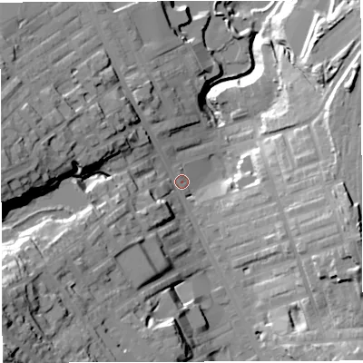 Shaded relief map of the ground around BB31ET, computed from Environment Agency LiDAR. The ground here sits at about 140 m above sea level and falls 53 m across the surrounding 800 m. Surface water reaching this point runs off ground lying to the south-west, 34.6 m higher.