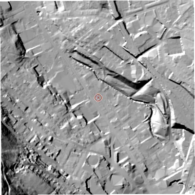 Shaded relief map of the ground around BB31EU, computed from Environment Agency LiDAR. The ground here sits at about 145 m above sea level and falls 105 m across the surrounding 800 m. Surface water reaching this point runs off ground lying to the south-south-west, 36.7 m higher.