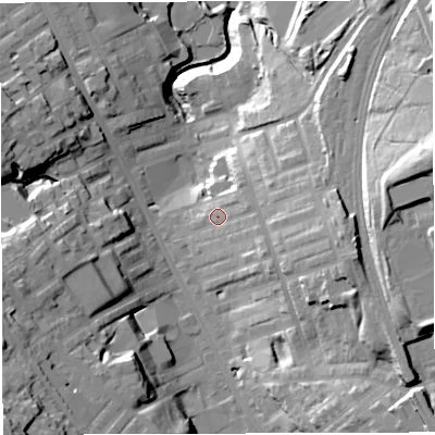 Shaded relief map of the ground around BB31HA, computed from Environment Agency LiDAR. The ground here sits at about 146 m above sea level and falls 44 m across the surrounding 800 m. Surface water reaching this point runs off ground lying to the east, 8.3 m higher.