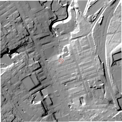 Shaded relief map of the ground around BB31HB, computed from Environment Agency LiDAR. The ground here sits at about 144 m above sea level and falls 43 m across the surrounding 800 m. Surface water reaching this point runs off ground lying to the east, 9.9 m higher.