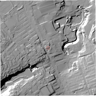 Shaded relief map of the ground around BB31HW, computed from Environment Agency LiDAR. The ground here sits at about 148 m above sea level and falls 45 m across the surrounding 800 m. Surface water reaching this point runs off ground lying to the north-north-west, 3.1 m higher.