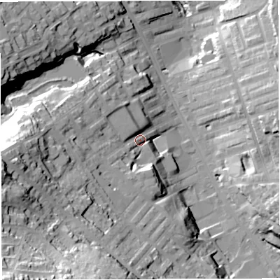 Shaded relief map of the ground around BB31NS, computed from Environment Agency LiDAR. The ground here sits at about 148 m above sea level and falls 67 m across the surrounding 800 m. Surface water reaching this point runs off ground lying to the west, 32.0 m higher.