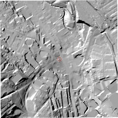 Shaded relief map of the ground around BB31PS, computed from Environment Agency LiDAR. The ground here sits at about 155 m above sea level and falls 75 m across the surrounding 800 m. Surface water reaching this point runs off ground lying to the south-west, 64.9 m higher.