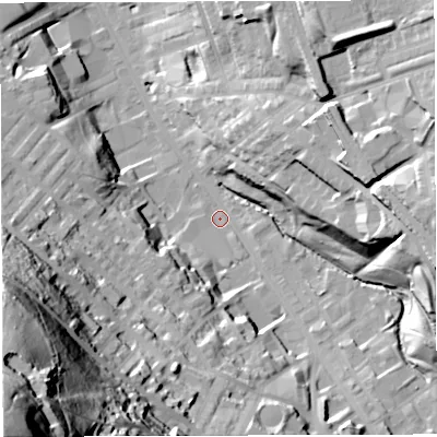 Shaded relief map of the ground around BB31QE, computed from Environment Agency LiDAR. The ground here sits at about 143 m above sea level and falls 122 m across the surrounding 800 m. Surface water reaching this point runs off ground lying to the south-west, 117.5 m higher.