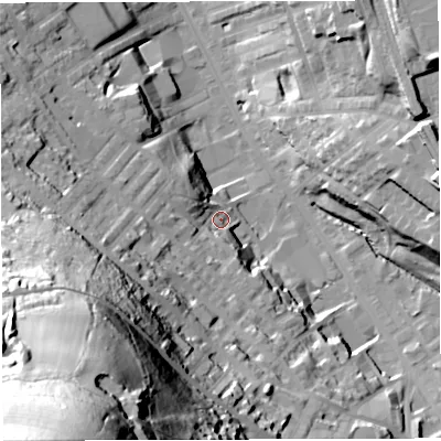 Shaded relief map of the ground around BB31QQ, computed from Environment Agency LiDAR. The ground here sits at about 147 m above sea level and falls 129 m across the surrounding 800 m. Surface water reaching this point runs off ground lying to the west-south-west, 51.9 m higher.