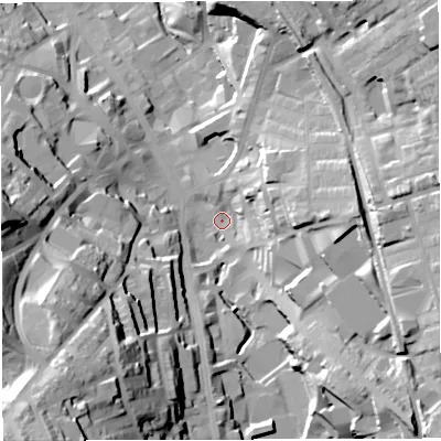 Shaded relief map of the ground around BB32AA, computed from Environment Agency LiDAR. The ground here sits at about 155 m above sea level and falls 64 m across the surrounding 800 m. Surface water reaching this point runs off ground lying to the east, 25.2 m higher.