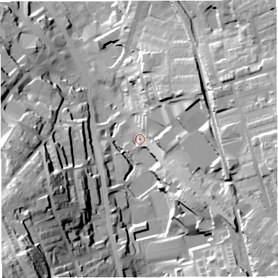 Shaded relief map of the ground around BB32AB, computed from Environment Agency LiDAR. The ground here sits at about 160 m above sea level and falls 73 m across the surrounding 800 m. Surface water reaching this point runs off ground lying to the east, 34.7 m higher.