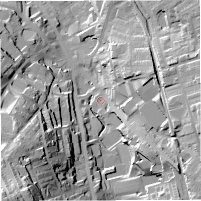 Shaded relief map of the ground around BB32AD, computed from Environment Agency LiDAR. The ground here sits at about 158 m above sea level and falls 73 m across the surrounding 800 m. Surface water reaching this point runs off ground lying to the east, 31.1 m higher.