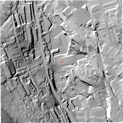 Shaded relief map of the ground around BB32AY, computed from Environment Agency LiDAR. The ground here sits at about 166 m above sea level and falls 96 m across the surrounding 800 m. Surface water reaching this point runs off ground lying to the south-west, 67.2 m higher.