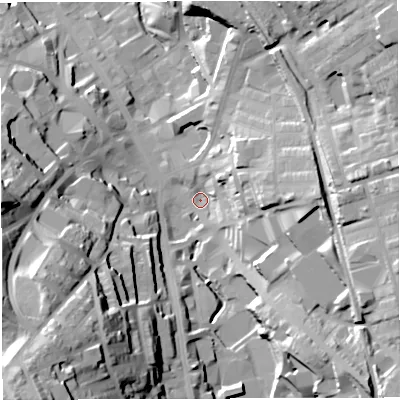 Shaded relief map of the ground around BB32BF, computed from Environment Agency LiDAR. The ground here sits at about 155 m above sea level and falls 64 m across the surrounding 800 m. Surface water reaching this point runs off ground lying to the east, 25.2 m higher.