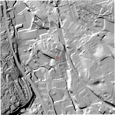 Shaded relief map of the ground around BB32DW, computed from Environment Agency LiDAR. The ground here sits at about 178 m above sea level and falls 60 m across the surrounding 800 m. Surface water reaching this point runs off ground lying to the north-north-east, 10.1 m higher.
