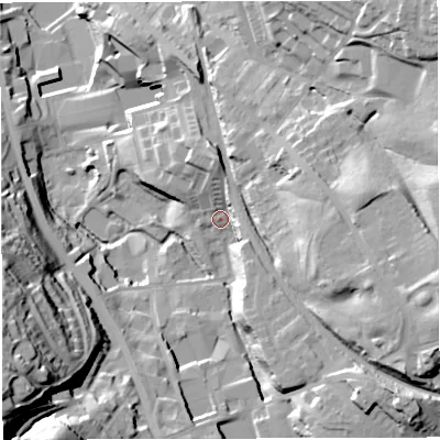 Shaded relief map of the ground around BB32DZ, computed from Environment Agency LiDAR. The ground here sits at about 176 m above sea level and falls 55 m across the surrounding 800 m. Surface water reaching this point runs off ground lying to the east-south-east, 9.1 m higher.