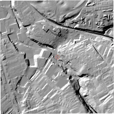 Shaded relief map of the ground around BB32ER, computed from Environment Agency LiDAR. The ground here sits at about 186 m above sea level and falls 57 m across the surrounding 800 m. Surface water reaching this point runs off ground lying to the south-east, 43.4 m higher.