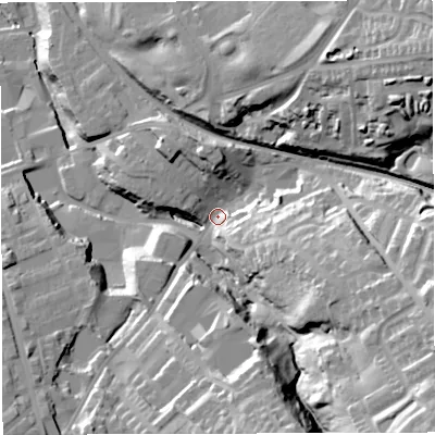 Shaded relief map of the ground around BB32ET, computed from Environment Agency LiDAR. The ground here sits at about 186 m above sea level and falls 56 m across the surrounding 800 m. Surface water reaching this point runs off ground lying to the north-east, 34.9 m higher.