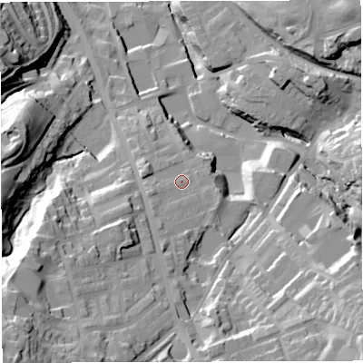 Shaded relief map of the ground around BB32JJ, computed from Environment Agency LiDAR. The ground here sits at about 194 m above sea level and falls 63 m across the surrounding 800 m. Surface water reaching this point runs off ground lying to the south-west, 7.2 m higher.