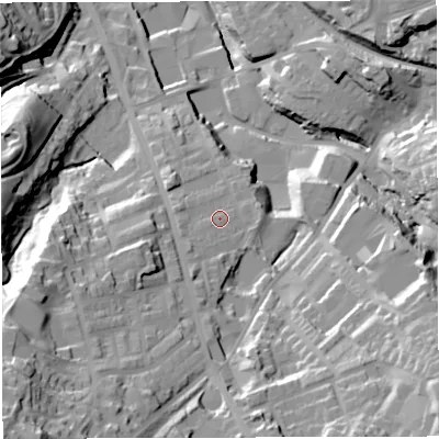 Shaded relief map of the ground around BB32JN, computed from Environment Agency LiDAR. The ground here sits at about 196 m above sea level and falls 65 m across the surrounding 800 m. Surface water reaching this point runs off ground lying to the south-west, 6.6 m higher.