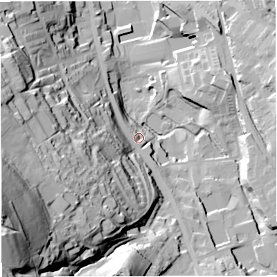 Shaded relief map of the ground around BB32PG, computed from Environment Agency LiDAR. The ground here sits at about 176 m above sea level and falls 98 m across the surrounding 800 m. Surface water reaching this point runs off ground lying to the west-south-west, 87.8 m higher.