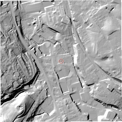 Shaded relief map of the ground around BB32PN, computed from Environment Agency LiDAR. The ground here sits at about 174 m above sea level and falls 59 m across the surrounding 800 m. Surface water reaching this point runs off ground lying to the south, 14.3 m higher.