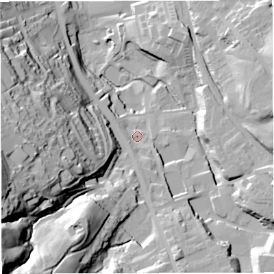 Shaded relief map of the ground around BB32PP, computed from Environment Agency LiDAR. The ground here sits at about 177 m above sea level and falls 70 m across the surrounding 800 m. Surface water reaching this point runs off ground lying to the south, 6.6 m higher.