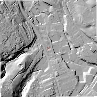 Shaded relief map of the ground around BB32PR, computed from Environment Agency LiDAR. The ground here sits at about 183 m above sea level and falls 75 m across the surrounding 800 m. Surface water reaching this point runs off ground lying to the south, 7.3 m higher.