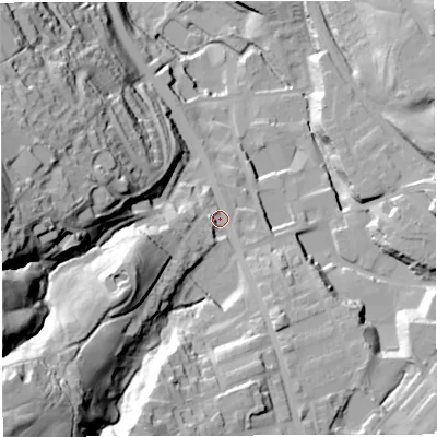 Shaded relief map of the ground around BB32PS, computed from Environment Agency LiDAR. The ground here sits at about 185 m above sea level and falls 79 m across the surrounding 800 m. Surface water reaching this point runs off ground lying to the south-west, 59.3 m higher.