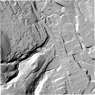 Shaded relief map of the ground around BB32PT, computed from Environment Agency LiDAR. The ground here sits at about 187 m above sea level and falls 83 m across the surrounding 800 m. Surface water reaching this point runs off ground lying to the west, 63.5 m higher.