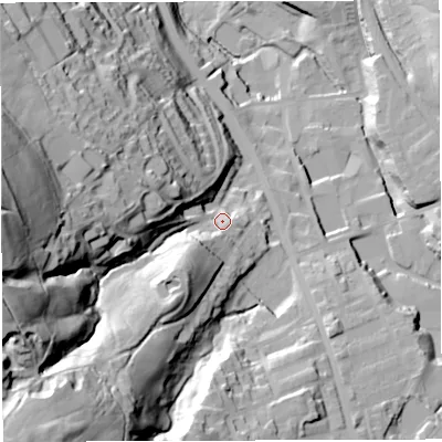 Shaded relief map of the ground around BB32PU, computed from Environment Agency LiDAR. The ground here sits at about 192 m above sea level and falls 89 m across the surrounding 800 m. Surface water reaching this point runs off ground lying to the west, 66.2 m higher.