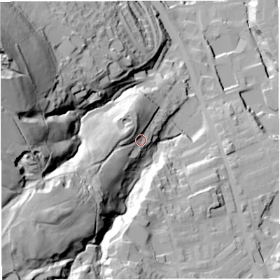 Shaded relief map of the ground around BB32QG, computed from Environment Agency LiDAR. The ground here sits at about 204 m above sea level and falls 92 m across the surrounding 800 m. Surface water reaching this point runs off ground lying to the south-west, 33.8 m higher.