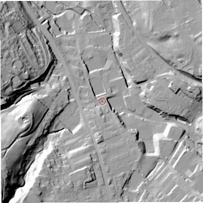 Shaded relief map of the ground around BB32QJ, computed from Environment Agency LiDAR. The ground here sits at about 184 m above sea level and falls 64 m across the surrounding 800 m. Surface water reaching this point runs off ground lying to the south, 18.1 m higher.