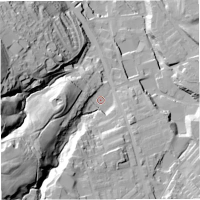 Shaded relief map of the ground around BB32QZ, computed from Environment Agency LiDAR. The ground here sits at about 189 m above sea level and falls 75 m across the surrounding 800 m. Surface water reaching this point runs off ground lying to the south-west, 56.7 m higher.