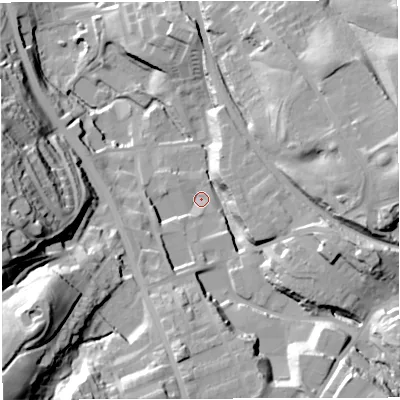 Shaded relief map of the ground around BB32RB, computed from Environment Agency LiDAR. The ground here sits at about 175 m above sea level and falls 56 m across the surrounding 800 m. Surface water reaching this point runs off ground lying to the south-west, 5.2 m higher.