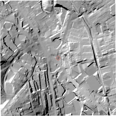 Shaded relief map of the ground around BB33HA, computed from Environment Agency LiDAR. The ground here sits at about 155 m above sea level and falls 63 m across the surrounding 800 m. Surface water reaching this point runs off ground lying to the east, 25.4 m higher.