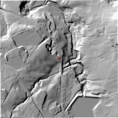 Shaded relief map of the ground around BB33NS, computed from Environment Agency LiDAR. The ground here sits at about 190 m above sea level and falls 68 m across the surrounding 800 m. Surface water reaching this point runs off ground lying to the south-west, 43.8 m higher.