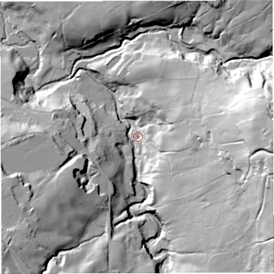 Shaded relief map of the ground around BB33NY, computed from Environment Agency LiDAR. The ground here sits at about 173 m above sea level and falls 85 m across the surrounding 800 m. Surface water reaching this point runs off ground lying to the east, 73.8 m higher.