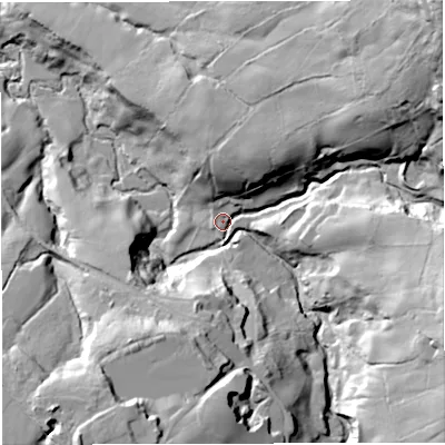 Shaded relief map of the ground around BB33NZ, computed from Environment Agency LiDAR. The ground here sits at about 169 m above sea level and falls 74 m across the surrounding 800 m. Surface water reaching this point runs off ground lying to the north-east, 53.1 m higher.