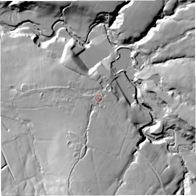 Shaded relief map of the ground around BB33PE, computed from Environment Agency LiDAR. The ground here sits at about 162 m above sea level and falls 49 m across the surrounding 800 m. Surface water reaching this point runs off ground lying to the south-south-west, 26.5 m higher.