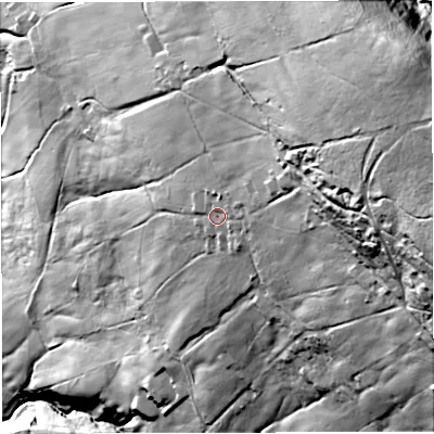 Shaded relief map of the ground around BB33QQ, computed from Environment Agency LiDAR. The ground here sits at about 269 m above sea level and falls 111 m across the surrounding 800 m. Surface water reaching this point runs off ground lying to the east-north-east, 12.0 m higher.
