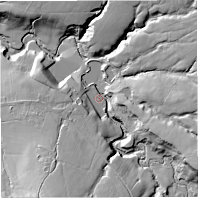 Shaded relief map of the ground around BB33RT, computed from Environment Agency LiDAR. The ground here sits at about 152 m above sea level and falls 44 m across the surrounding 800 m. Surface water reaching this point runs off ground lying to the south-south-west, 34.6 m higher.