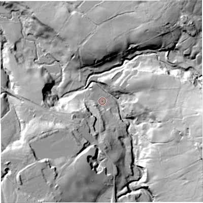 Shaded relief map of the ground around BB33SS, computed from Environment Agency LiDAR. The ground here sits at about 170 m above sea level and falls 67 m across the surrounding 800 m. Surface water reaching this point runs off ground lying to the south, 9.3 m higher.
