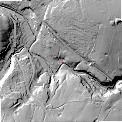 Shaded relief map of the ground around BB44AF, computed from Environment Agency LiDAR. The ground here sits at about 163 m above sea level and falls 58 m across the surrounding 800 m. Surface water reaching this point runs off ground lying to the south-south-west, 46.2 m higher.