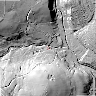 Shaded relief map of the ground around BB44AP, computed from Environment Agency LiDAR. The ground here sits at about 181 m above sea level and falls 125 m across the surrounding 800 m. Surface water reaching this point runs off ground lying to the south-west, 114.9 m higher.