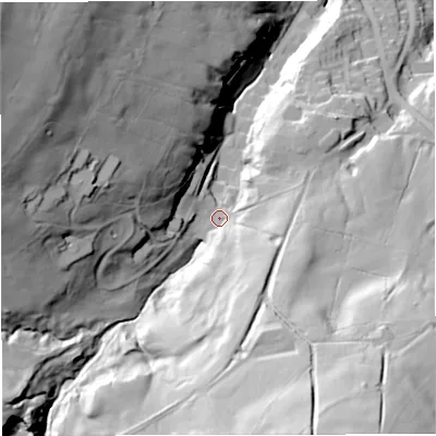 Shaded relief map of the ground around BB44AQ, computed from Environment Agency LiDAR. The ground here sits at about 191 m above sea level and falls 96 m across the surrounding 800 m. Surface water reaching this point runs off ground lying to the west-north-west, 70.0 m higher.