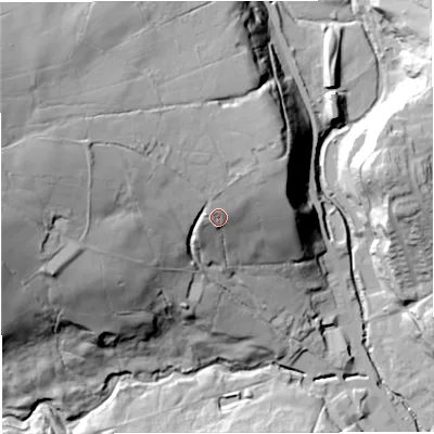 Shaded relief map of the ground around BB44AR, computed from Environment Agency LiDAR. The ground here sits at about 215 m above sea level and falls 80 m across the surrounding 800 m. Surface water reaching this point runs off ground lying to the north-north-west, 6.7 m higher.