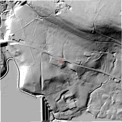 Shaded relief map of the ground around BB44AT, computed from Environment Agency LiDAR. The ground here sits at about 239 m above sea level and falls 90 m across the surrounding 800 m. Surface water reaching this point runs off ground lying to the north-east, 53.8 m higher.