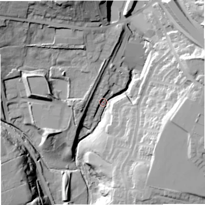 Shaded relief map of the ground around BB44FN, computed from Environment Agency LiDAR. The ground here sits at about 186 m above sea level and falls 45 m across the surrounding 800 m. Surface water reaching this point runs off ground lying to the north-north-west, 37.2 m higher.
