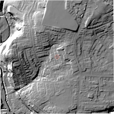 Shaded relief map of the ground around BB44JE, computed from Environment Agency LiDAR. The ground here sits at about 198 m above sea level and falls 42 m across the surrounding 800 m. Surface water reaching this point runs off ground lying to the north-east, 6.2 m higher.
