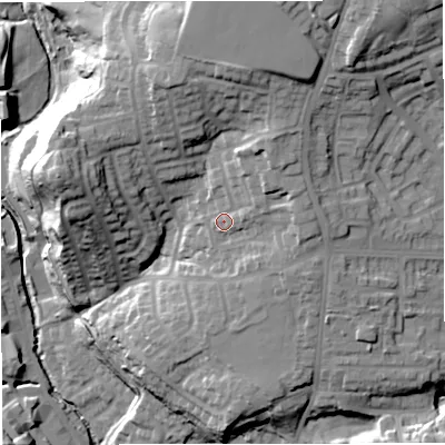 Shaded relief map of the ground around BB44JH, computed from Environment Agency LiDAR. The ground here sits at about 196 m above sea level and falls 43 m across the surrounding 800 m. Surface water reaching this point runs off ground lying to the north-north-east, 8.5 m higher.