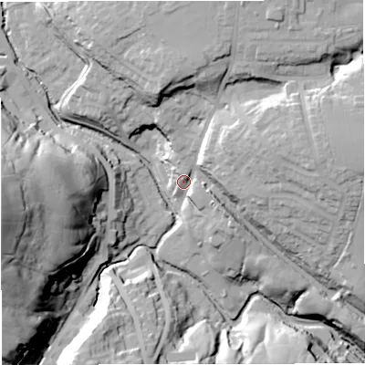 Shaded relief map of the ground around BB44LQ, computed from Environment Agency LiDAR. The ground here sits at about 175 m above sea level and falls 67 m across the surrounding 800 m. Surface water reaching this point runs off ground lying to the north-north-east, 24.9 m higher.
